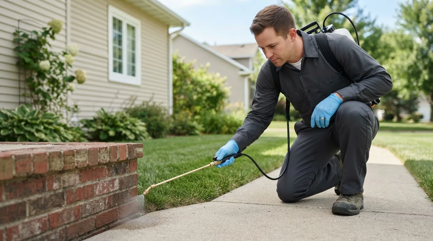 Pest control technician treating a home near Elburn, IL